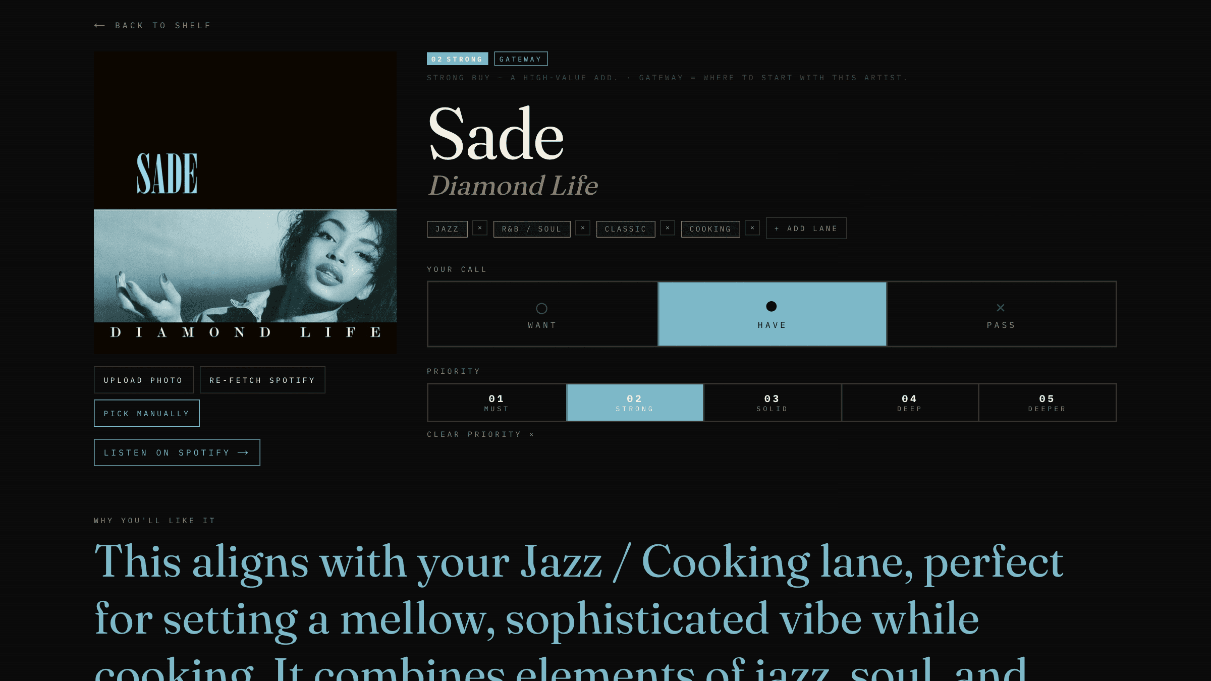 Album page, Sade, Diamond Life: status, priority, lanes, listen link, editorial copy