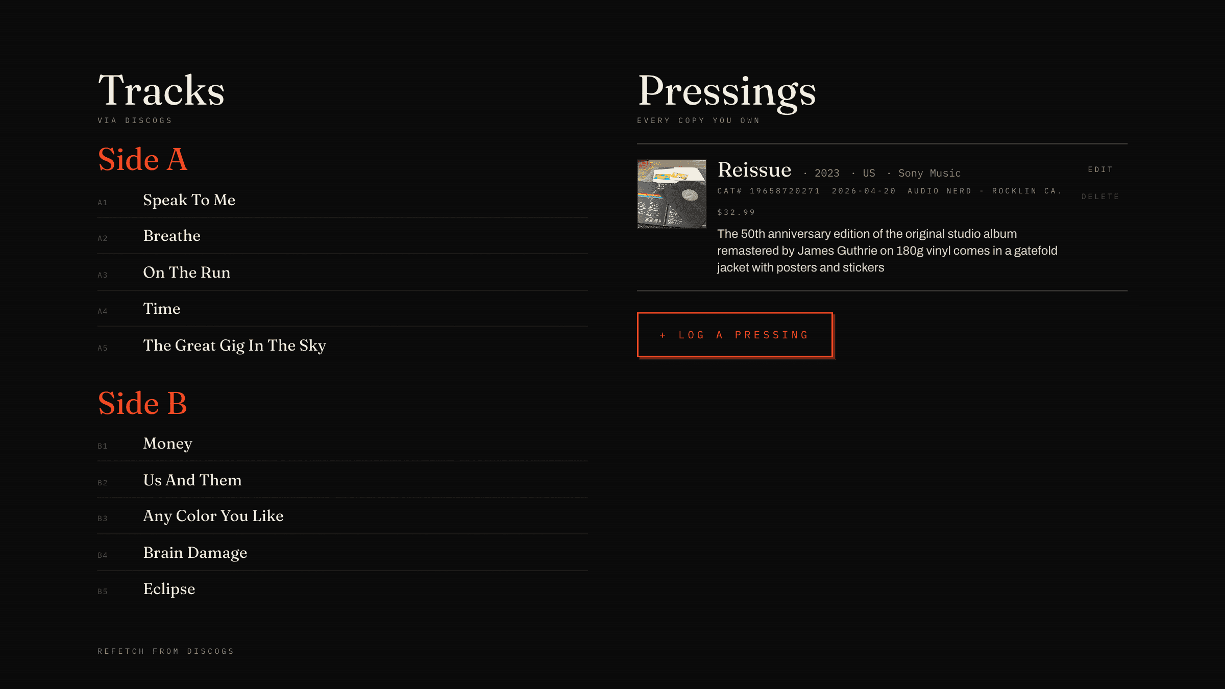 Tracks + Pressings side by side, a logged reissue with photo, price paid, and buy notes