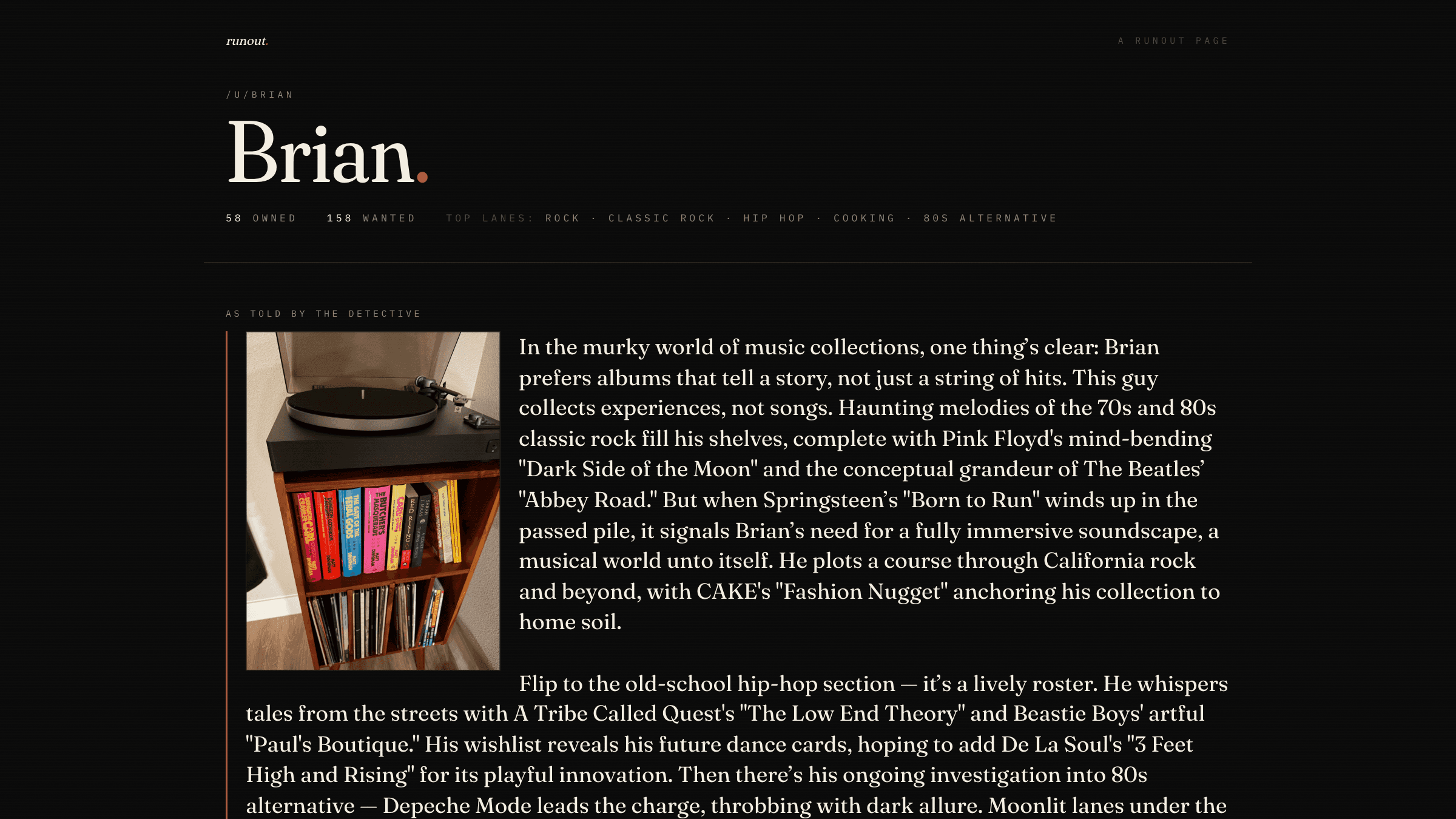A runout page, the public face of a shelf