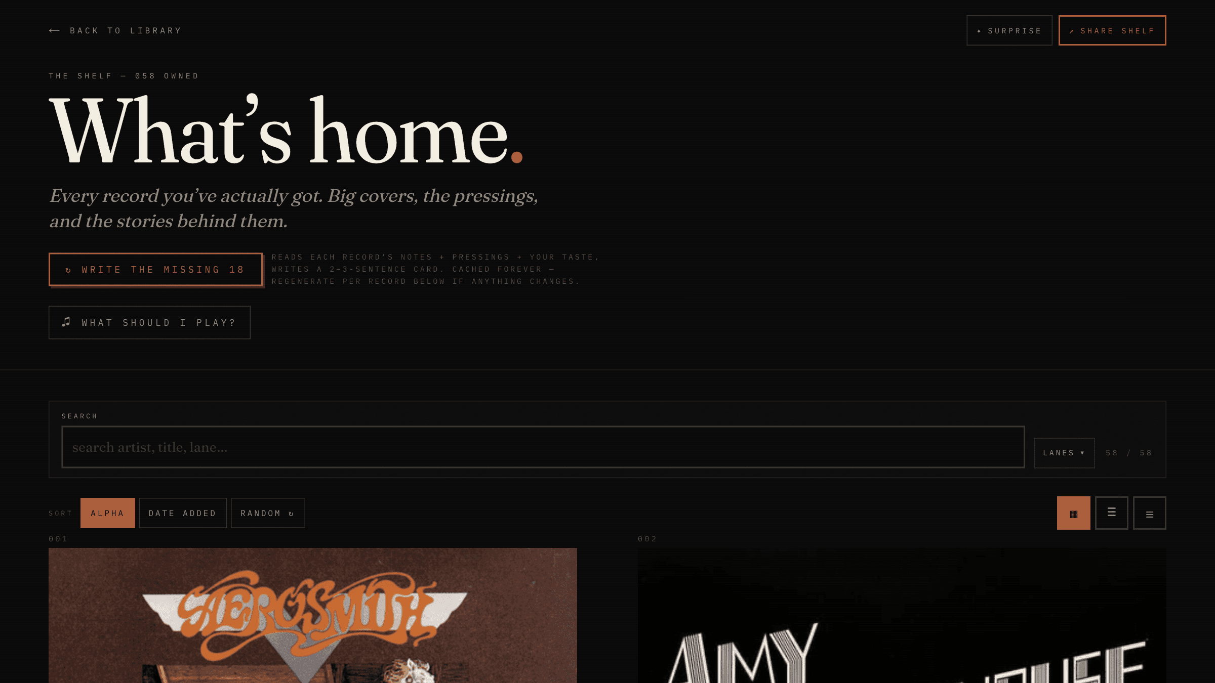 The shelf in Big view, sort + view toggles up top, big tiles below