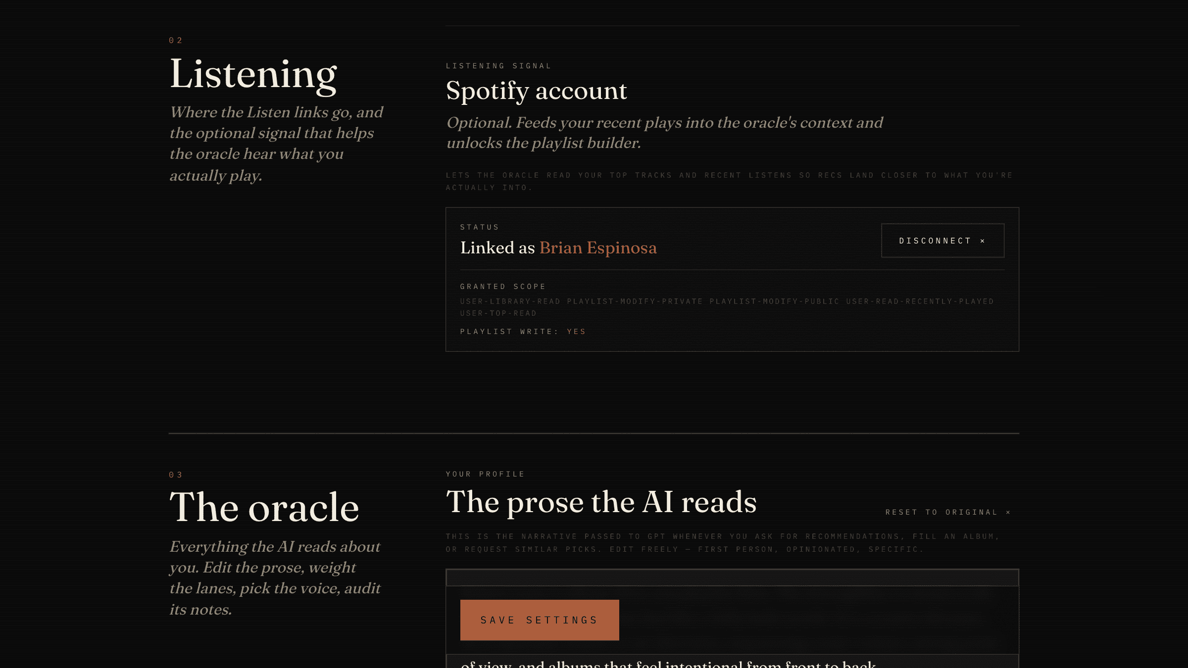 Settings → Spotify account, linked status and granted scopes