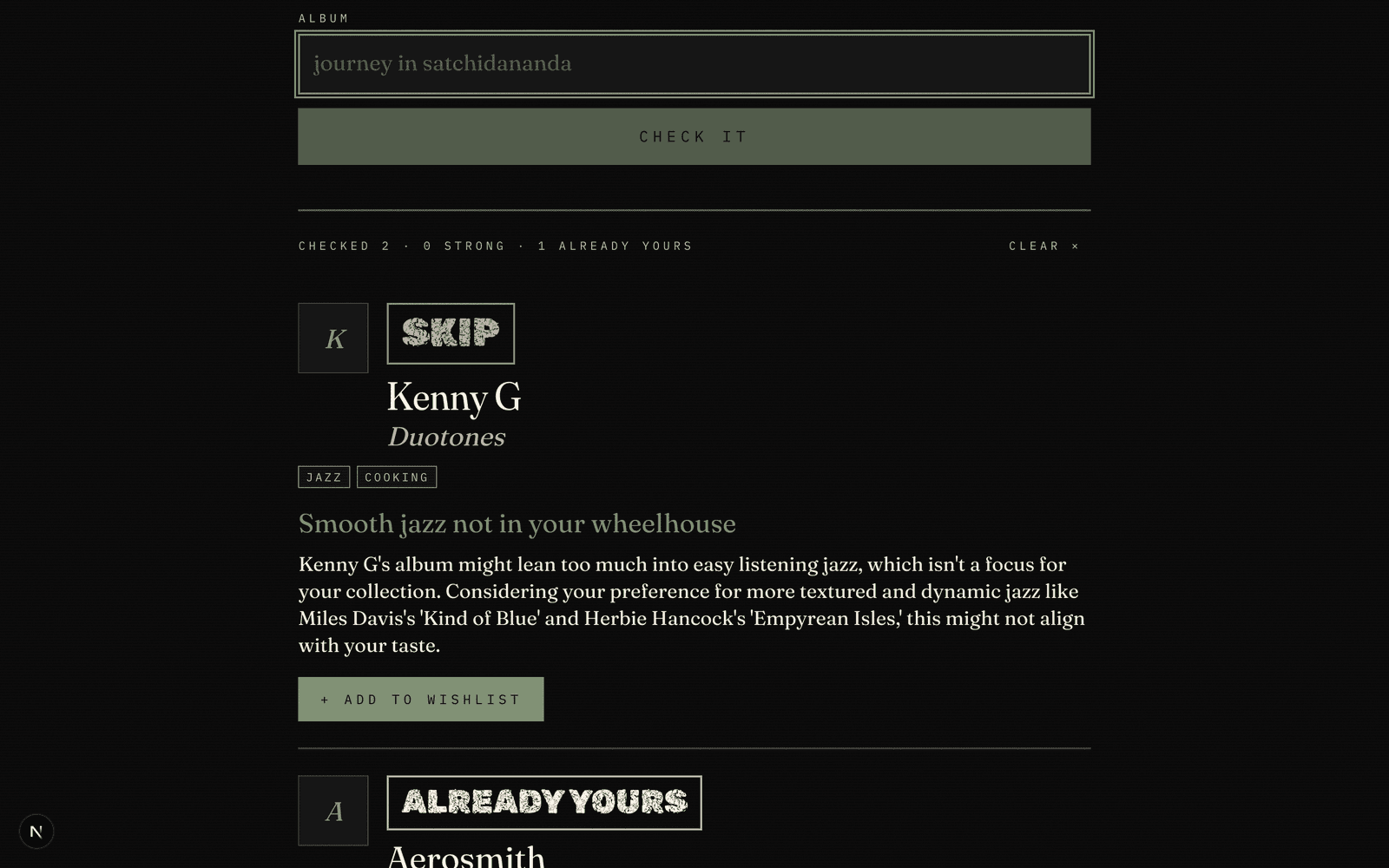 Crate Mode mid-dig: Kenny G, Duotones stamped SKIP while Aerosmith comes up ALREADY YOURS
