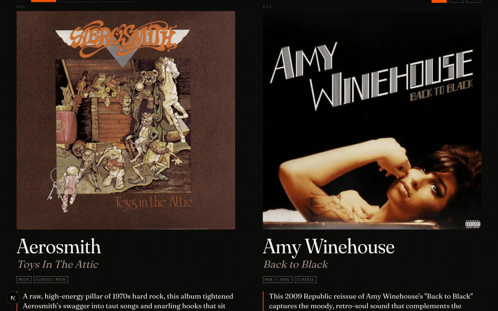 The shelf in big view: full-bleed covers for Aerosmith and Amy Winehouse with museum cards