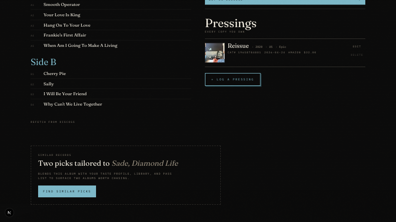 Pressings, purchase dates & prices